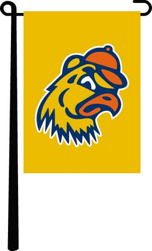 Gold 13x18 Trinity College Garden Flag with Banty the Bantam Mascot logo hanging on black garden flag stand