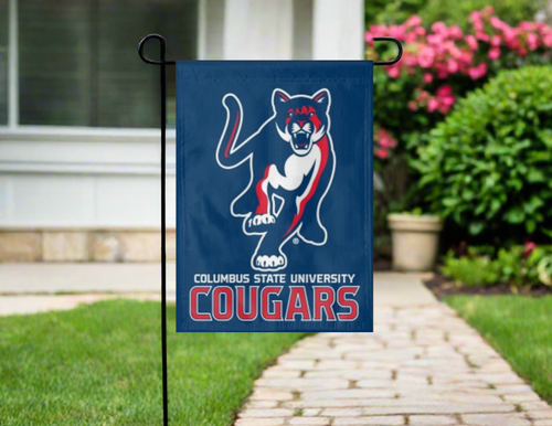 blue columbus state university garden flag hung outside from garden flag stand