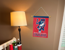 Load image into Gallery viewer, back side of red and blue Columbus State University Cougars Garden Flag hung from banner pole
