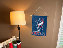 Load image into Gallery viewer, front side of red and blue Columbus State University Cougars Garden Flag hung from banner pole
