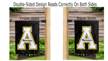 Load image into Gallery viewer, a mountaineers logo reading correctly on both sides of black appalachian state double sided garden flag
