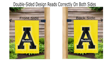 Load image into Gallery viewer, a mountaineers logo reading correctly on both sides of gold appalachian state double sided garden flag
