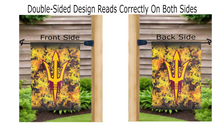 Load image into Gallery viewer, ASU pitchfork logo with flames background reading correctly on both sides of ASU Garden Flag

