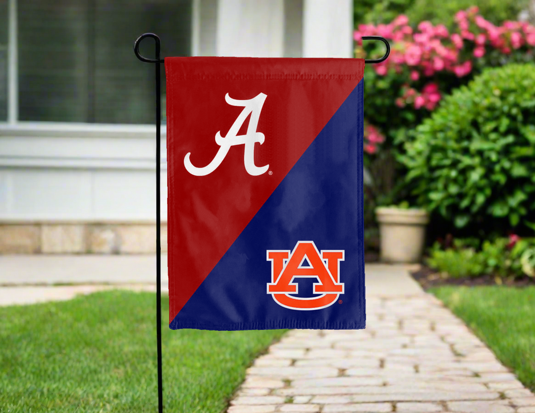 house divided garden flag with Alabama Auburn game logos for yard decor