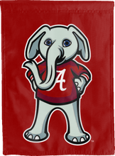 Load image into Gallery viewer, alabama garden flag with Big Al logo hung outside for man cave decor
