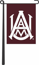 Load image into Gallery viewer, Maroon 13x18 inch long Alabama A&amp;M University Garden Flag hanging on a Garden flag stand

