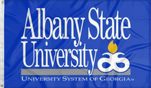 Load image into Gallery viewer, Blue 3x5 foot wide Albany State University Flag with University System of Georgia Logo and two metal grommets
