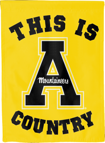 Gold 30x40 inch long Appalachian State University house flag with This Is A Mountaineers Country Logo