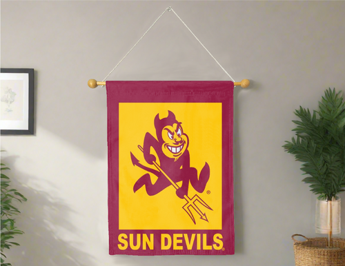 Maroon 30x40 inch long Arizona State House Flag with Sparky Sun Devils Logo inside a gold square panel hung on a banner pole inside a gray living room wall