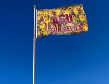 Load image into Gallery viewer, 3x5 foot wide Arizona State University ASU Sun devils flag with flames background and two grommets attached to flagpole waving in the wind
