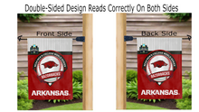 Load image into Gallery viewer, Arkansas College World Series 2025 logo reading correctly on both sides of garden flag
