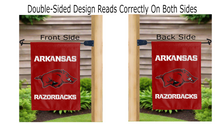 Load image into Gallery viewer, Arkansas razorbacks logo reading correctly on both sides of garden flag
