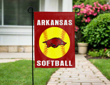 Load image into Gallery viewer, Arkansas softball garden flag hung outside a driveway for yard decor
