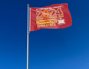 Red 3x5 foot Iowa State Big twelve men's basketball champions 2024 flag with two metal grommets attached to flagpole waving in the wind