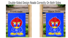Load image into Gallery viewer, blue University of Kansas Garden Flag with Baby Jay logo for yard decor
