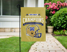Load image into Gallery viewer, Back side of Blue Montana State BIG SKY Conference Football Champions 2025 Garden Flag hung outside for yard decor
