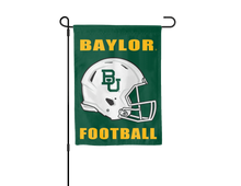 Load image into Gallery viewer, Green 13x18 inch long Baylor University Football Garden Flag hanging on a black garden flag stand
