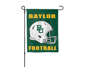 Green 13x18 inch long Baylor University Football Garden Flag hanging on a black garden flag stand