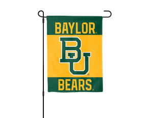 Green 13x18 inch long Baylor University Garden Flag with BU Logo inside Gold square panel on Garden Flag Stand