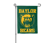 Load image into Gallery viewer, Green 13x18 inch long Baylor University Garden Flag with Sic &#39;Em Bears Logo hanging on a black garden flag stand
