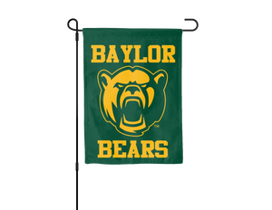 Green 13x18 inch long Baylor University Garden Flag with Sic 'Em Bears Logo hanging on a black garden flag stand