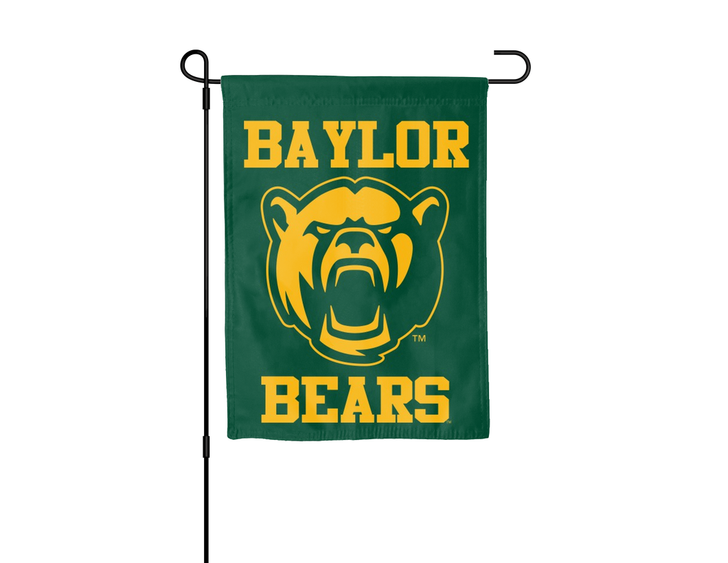 Green 13x18 inch long Baylor University Garden Flag with Sic 'Em Bears Logo hanging on a black garden flag stand