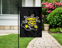 Load image into Gallery viewer, black Wichita state university garden flag hung outside for man cave decor
