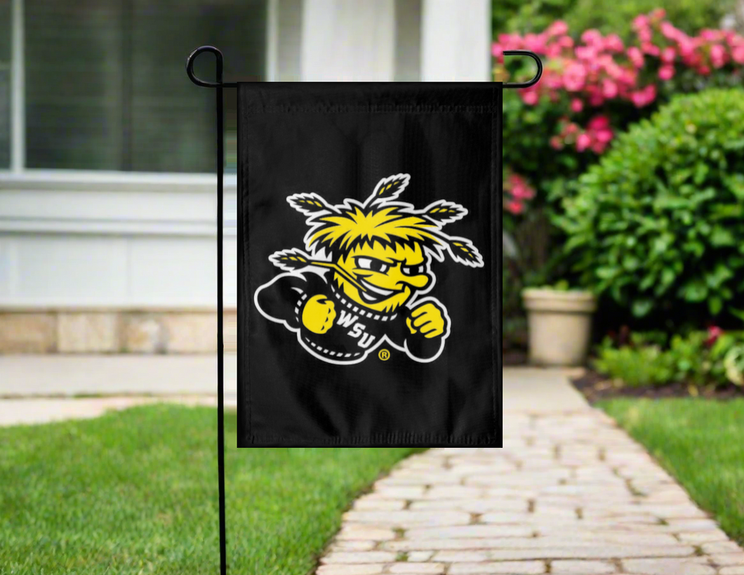 black Wichita state university garden flag hung outside for man cave decor