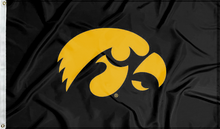 Load image into Gallery viewer, Black university of Iowa Applique flag with two metal grommets for sports decor

