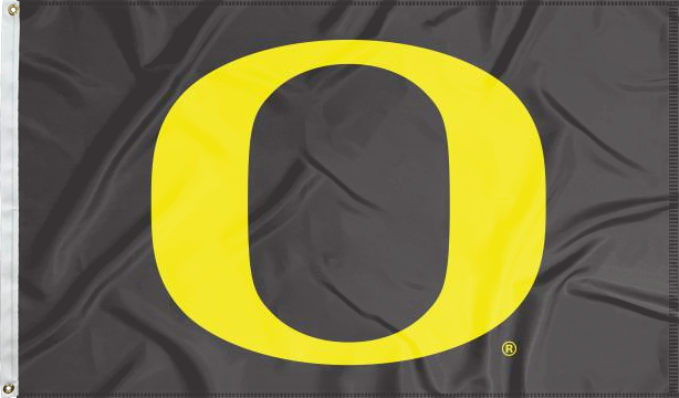 Black University of Oregon Flag with Gold O Logo and two metal grommets