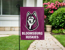 Load image into Gallery viewer, bloomsburg huskies garden flag for yard decor hung outside a driveway
