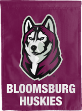 Load image into Gallery viewer, maroon double sided house flag with bloomsburg huskies logo for man cave decor
