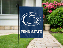Load image into Gallery viewer, blue penn state double sided garden flag hung outside for yard decor
