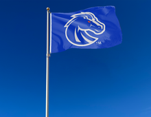Load image into Gallery viewer, Blue 3x5 foot wide Boise State University flag with gray and blue Bronco head logo and two metal grommets attached to flagpole waving in the wind
