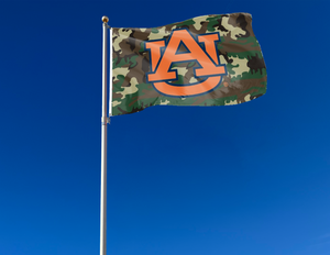 Camo 3x5 foot wide Auburn University Flag with orange and blue AU Logo and Two Metal Grommets attached to flagpole waving in the wind