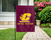 Load image into Gallery viewer, central michigan university garden flag hung outside for yard decor
