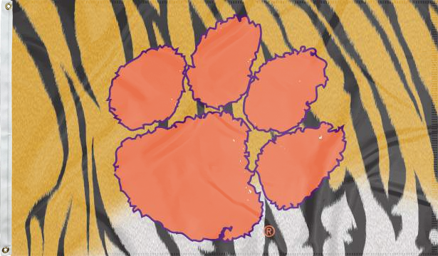 3x5 Clemson University Flag with Tiger Skin and stripes background and Two Metal Grommets