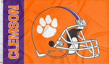 Load image into Gallery viewer, Purple and Orange 3x5 Clemson University Flag with Clemson Football Helmet Logo and two metal grommets
