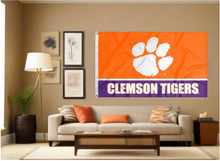 Load image into Gallery viewer, 3x5 feet wide Clemson University Tigers orange and Purple stripes with Clemson Tigers Logo and two metal grommets covering the tan wall inside of a well organized room with couch pillows and light
