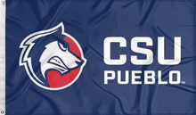 Load image into Gallery viewer, Blue 3x5 foot wide Colorado State University-Pueblo Flag with CSU Pueblo logo and two metal grommets 
