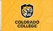 Load image into Gallery viewer, Gold 3x5 foot wide Colorado College Flag with Colorado College  logo Tiger head logo and two metal grommets
