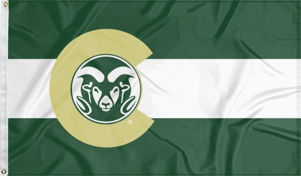 3x5 foot wide Colorado state University flag with flag of colorado style three green, white, and green stripes with C Rams logo and two metal grommets
