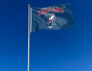 Blue 3x5 foot wide Columbus State University flag with Cougars Logo and two metal grommets attached to flagpole waving in the wind