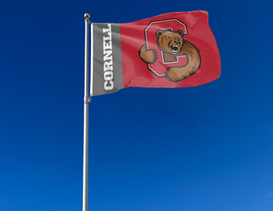 Cornell University Grey and Red 3x5 foot wide Flag with two metal grommets attached to flagpole waving in the wind