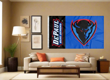 Load image into Gallery viewer, 3x5 foot wide black stripe blue stripe DePaul University flag with DePaul Blue Demons Logo Blue Demon head logo and two metal grommets covering the tan wall of a living room
