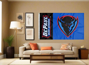 3x5 foot wide black stripe blue stripe DePaul University flag with DePaul Blue Demons Logo Blue Demon head logo and two metal grommets covering the tan wall of a living room