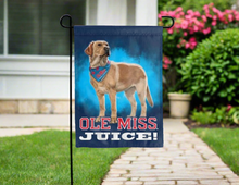 Load image into Gallery viewer, double sided garden flag with Ole Miss Juice logo for yard decor
