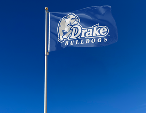 Blue 3x5 foot wide Drake University Bulldogs Flag with two metal grommets attached to flagpole waving in the wind