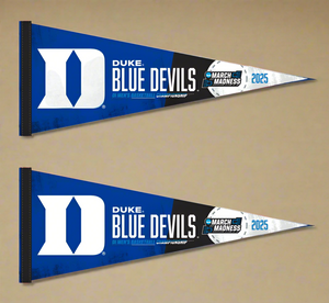 Two blue and black Duke Men's Basketball March Madness 2025 Pennants for indoor home décor
