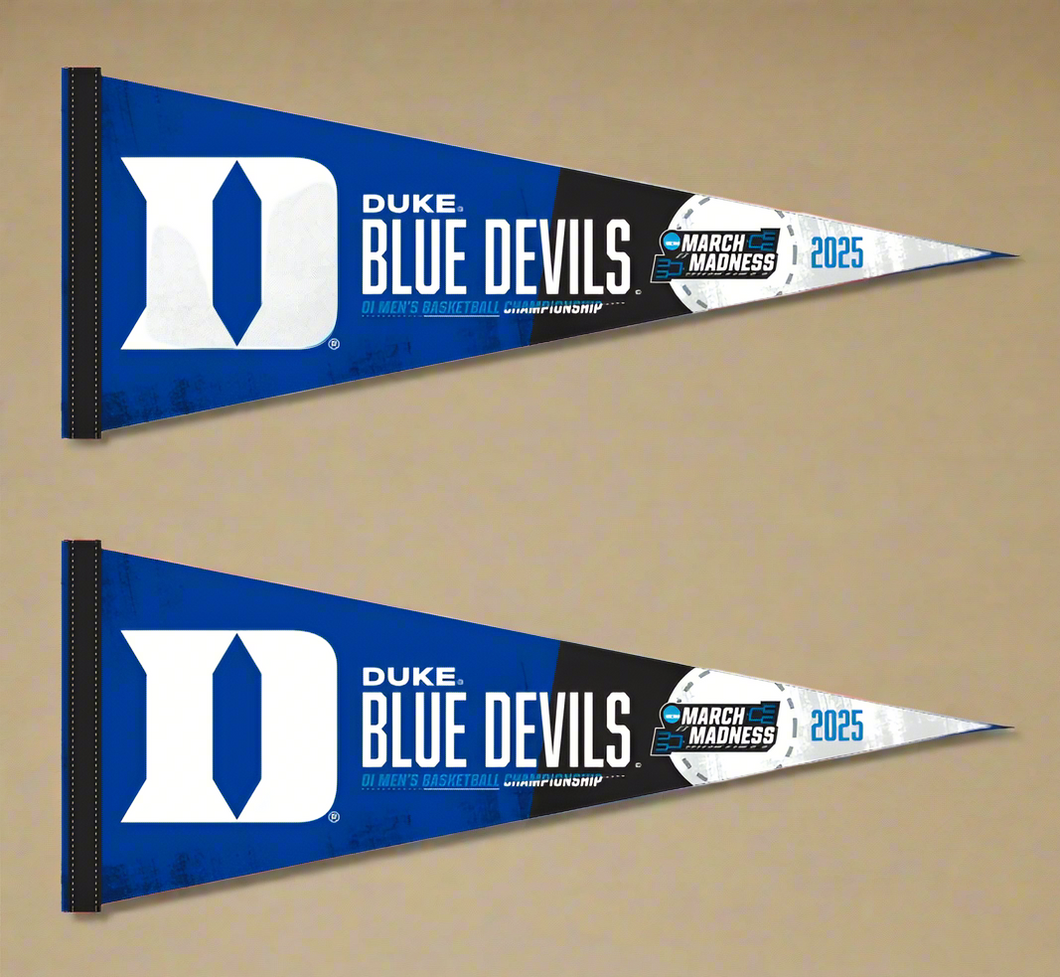 Two blue and black Duke Men's Basketball March Madness 2025 Pennants for indoor home décor
